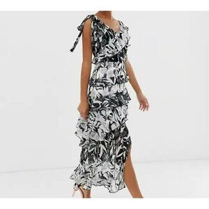 Dark Pink Deconstructed Midi Tea Dress Black White Layered Ruffled Sz US 2 /UK 6